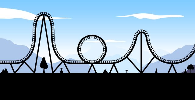 Animated image of a roller coaster silhouette, the rollercoaster has 2 drops and one loop.
