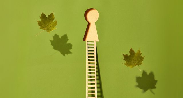 Feuille de papier verte avec le trou d’une serrure au centre, échelle en dessous, et feuilles d’érable autour